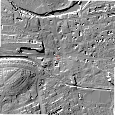 Shaded relief map of the ground around CV313AN, computed from Environment Agency LiDAR. The ground here sits at about 51 m above sea level and falls 22 m across the surrounding 800 m. Surface water reaching this point runs off ground lying to the west-south-west, 17.4 m higher.