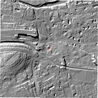 Shaded relief map of the ground around CV313AP, computed from Environment Agency LiDAR. The ground here sits at about 51 m above sea level and falls 22 m across the surrounding 800 m. Surface water reaching this point runs off ground lying to the south-east, 4.5 m higher.