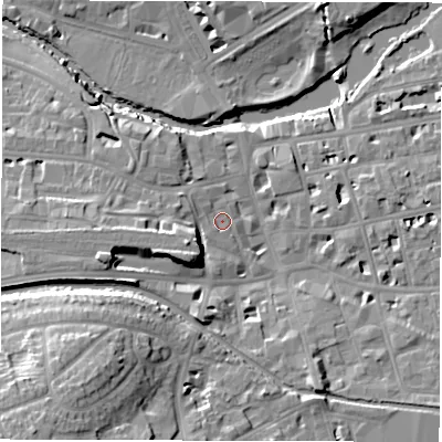 Shaded relief map of the ground around CV313AQ, computed from Environment Agency LiDAR. The ground here sits at about 52 m above sea level and falls 22 m across the surrounding 800 m. Surface water reaching this point runs off ground lying to the west-north-west, 1.9 m higher.