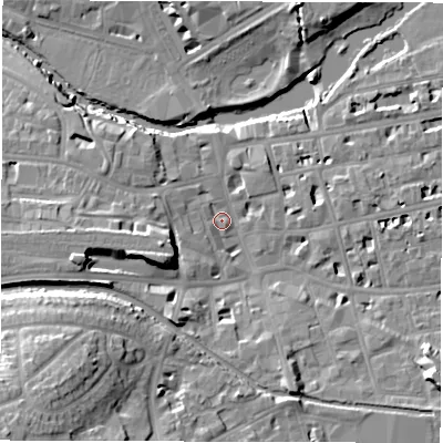 Shaded relief map of the ground around CV313AT, computed from Environment Agency LiDAR. The ground here sits at about 51 m above sea level and falls 22 m across the surrounding 800 m. Surface water reaching this point runs off ground lying to the south-west, 19.4 m higher.