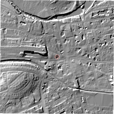 Shaded relief map of the ground around CV313AW, computed from Environment Agency LiDAR. The ground here sits at about 51 m above sea level and falls 22 m across the surrounding 800 m. Surface water reaching this point runs off ground lying to the west-south-west, 10.5 m higher.