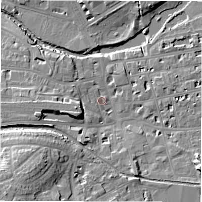 Shaded relief map of the ground around CV313BP, computed from Environment Agency LiDAR. The ground here sits at about 51 m above sea level and falls 22 m across the surrounding 800 m. Surface water reaching this point runs off ground lying to the west-north-west, 2.7 m higher.