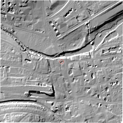 Shaded relief map of the ground around CV313NA, computed from Environment Agency LiDAR. The ground here sits at about 51 m above sea level and falls 18 m across the surrounding 800 m. Surface water reaching this point runs off ground lying to the south-west, 2.8 m higher.