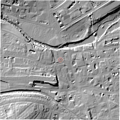 Shaded relief map of the ground around CV313NE, computed from Environment Agency LiDAR. The ground here sits at about 51 m above sea level and falls 20 m across the surrounding 800 m. Surface water reaching this point runs off ground lying to the west-south-west, 6.4 m higher.