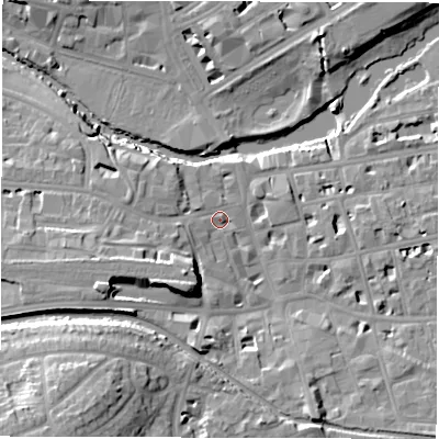 Shaded relief map of the ground around CV313NF, computed from Environment Agency LiDAR. The ground here sits at about 52 m above sea level and falls 20 m across the surrounding 800 m. Surface water reaching this point runs off ground lying to the west-south-west, 6.7 m higher.