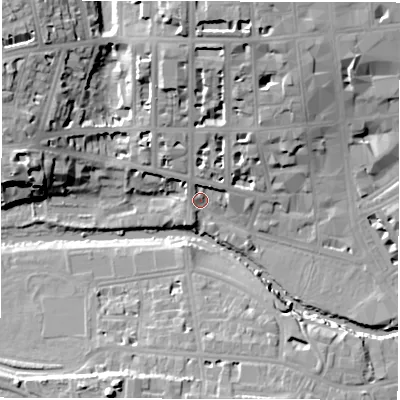 Shaded relief map of the ground around CV313PD, computed from Environment Agency LiDAR. The ground here sits at about 51 m above sea level and falls 20 m across the surrounding 800 m. Surface water reaching this point runs off ground lying to the north, 11.6 m higher.