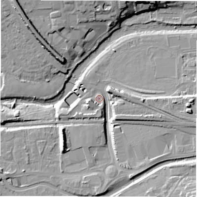 Shaded relief map of the ground around CV313PH, computed from Environment Agency LiDAR. The ground here sits at about 50 m above sea level and falls 19 m across the surrounding 800 m. Surface water reaching this point runs off ground lying to the east, 10.7 m higher.