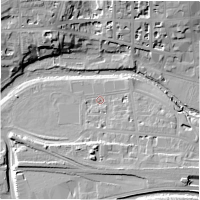 Shaded relief map of the ground around CV313PT, computed from Environment Agency LiDAR. The ground here sits at about 50 m above sea level and falls 19 m across the surrounding 800 m. Surface water reaching this point runs off ground lying to the south-south-east, 7.4 m higher.