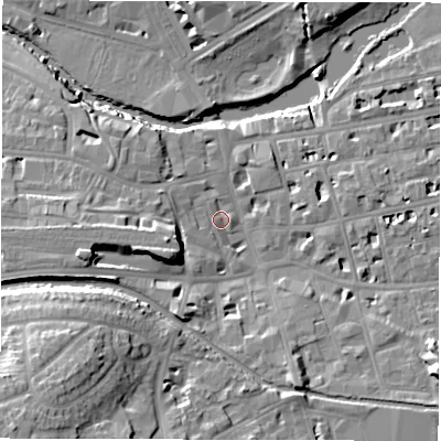 Shaded relief map of the ground around CV313RJ, computed from Environment Agency LiDAR. The ground here sits at about 51 m above sea level and falls 22 m across the surrounding 800 m. Surface water reaching this point runs off ground lying to the west-north-west, 2.7 m higher.
