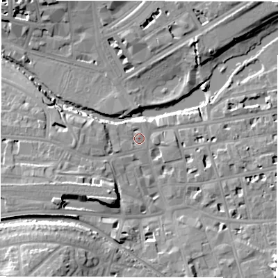 Shaded relief map of the ground around CV313SY, computed from Environment Agency LiDAR. The ground here sits at about 51 m above sea level and falls 19 m across the surrounding 800 m. Surface water reaching this point runs off ground lying to the west-south-west, 7.8 m higher.