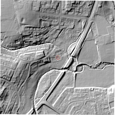 Shaded relief map of the ground around CV31FG, computed from Environment Agency LiDAR. The ground here sits at about 67 m above sea level and falls 18 m across the surrounding 800 m. Surface water reaching this point runs off ground lying to the west-north-west, 1.1 m higher.