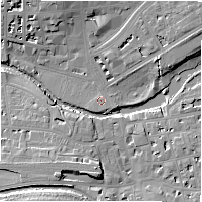 Shaded relief map of the ground around CV324AA, computed from Environment Agency LiDAR. The ground here sits at about 50 m above sea level and falls 15 m across the surrounding 800 m. Surface water reaching this point runs off ground lying to the east-south-east, 1.0 m higher.