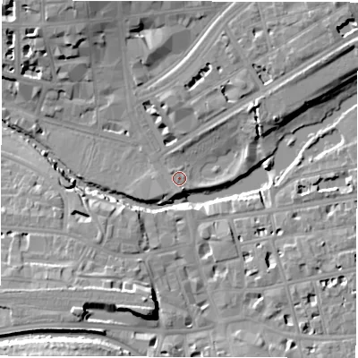Shaded relief map of the ground around CV324AB, computed from Environment Agency LiDAR. The ground here sits at about 50 m above sea level and falls 15 m across the surrounding 800 m. Surface water reaching this point runs off ground lying to the south-south-east, 2.4 m higher.