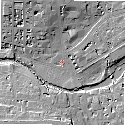 Shaded relief map of the ground around CV324AE, computed from Environment Agency LiDAR. The ground here sits at about 50 m above sea level and falls 17 m across the surrounding 800 m. Surface water reaching this point runs off ground lying to the north, 11.6 m higher.