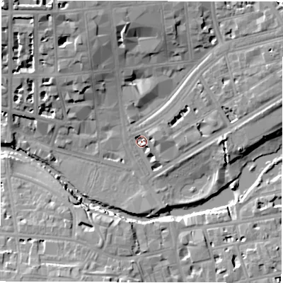 Shaded relief map of the ground around CV324BN, computed from Environment Agency LiDAR. The ground here sits at about 50 m above sea level and falls 18 m across the surrounding 800 m. Surface water reaching this point runs off ground lying to the north-east, 5.4 m higher.