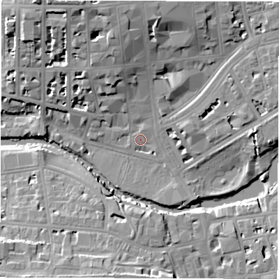 Shaded relief map of the ground around CV324BQ, computed from Environment Agency LiDAR. The ground here sits at about 50 m above sea level and falls 18 m across the surrounding 800 m. Surface water reaching this point runs off ground lying to the north, 12.8 m higher.