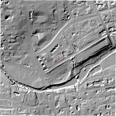Shaded relief map of the ground around CV324EA, computed from Environment Agency LiDAR. The ground here sits at about 53 m above sea level and falls 18 m across the surrounding 800 m. Surface water reaching this point runs off ground lying to the north-east, 1.3 m higher.