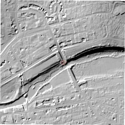 Shaded relief map of the ground around CV324ER, computed from Environment Agency LiDAR. The ground here sits at about 52 m above sea level and falls 19 m across the surrounding 800 m. Surface water reaching this point runs off ground lying to the north-north-east, 13.2 m higher.