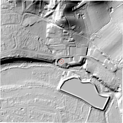 Shaded relief map of the ground around CV324EW, computed from Environment Agency LiDAR. The ground here sits at about 53 m above sea level and falls 38 m across the surrounding 800 m. Surface water reaching this point runs off ground lying to the north, 26.9 m higher.