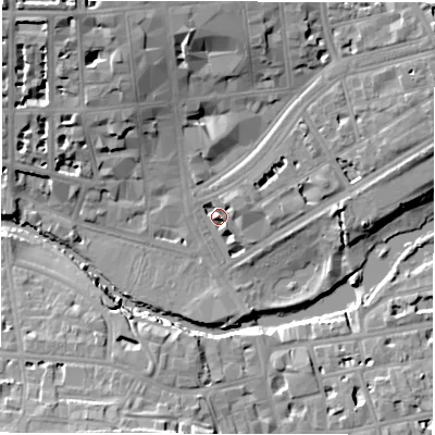 Shaded relief map of the ground around CV324LJ, computed from Environment Agency LiDAR. The ground here sits at about 51 m above sea level and falls 18 m across the surrounding 800 m. Surface water reaching this point runs off ground lying to the north-east, 5.4 m higher.