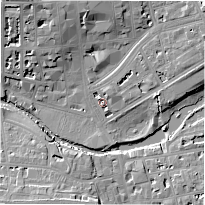 Shaded relief map of the ground around CV324LL, computed from Environment Agency LiDAR. The ground here sits at about 50 m above sea level and falls 17 m across the surrounding 800 m. Surface water reaching this point runs off ground lying to the north-north-east, 2.7 m higher.