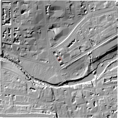 Shaded relief map of the ground around CV324LN, computed from Environment Agency LiDAR. The ground here sits at about 52 m above sea level and falls 17 m across the surrounding 800 m. Surface water reaching this point runs off ground lying to the north-east, 5.7 m higher.