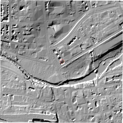 Shaded relief map of the ground around CV324LW, computed from Environment Agency LiDAR. The ground here sits at about 50 m above sea level and falls 16 m across the surrounding 800 m. Surface water reaching this point runs off ground lying to the north-east, 11.6 m higher.