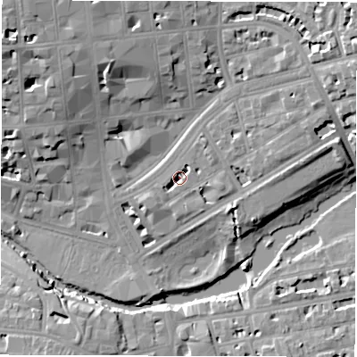 Shaded relief map of the ground around CV324LY, computed from Environment Agency LiDAR. The ground here sits at about 52 m above sea level and falls 18 m across the surrounding 800 m. Surface water reaching this point runs off ground lying to the north-east, 3.0 m higher.