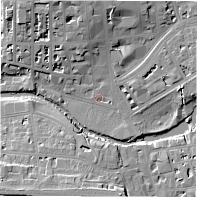 Shaded relief map of the ground around CV325AA, computed from Environment Agency LiDAR. The ground here sits at about 49 m above sea level and falls 17 m across the surrounding 800 m. Surface water reaching this point runs off ground lying to the north, 13.3 m higher.