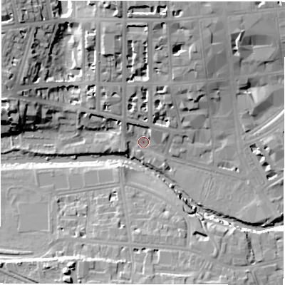 Shaded relief map of the ground around CV325AE, computed from Environment Agency LiDAR. The ground here sits at about 49 m above sea level and falls 19 m across the surrounding 800 m. Surface water reaching this point runs off ground lying to the north, 15.9 m higher.