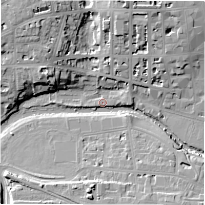 Shaded relief map of the ground around CV325AH, computed from Environment Agency LiDAR. The ground here sits at about 49 m above sea level and falls 20 m across the surrounding 800 m. Surface water reaching this point runs off ground lying to the north-north-east, 17.5 m higher.