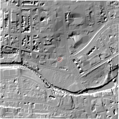 Shaded relief map of the ground around CV325BB, computed from Environment Agency LiDAR. The ground here sits at about 51 m above sea level and falls 19 m across the surrounding 800 m. Surface water reaching this point runs off ground lying to the north, 12.5 m higher.