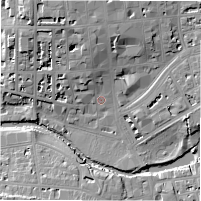 Shaded relief map of the ground around CV325DN, computed from Environment Agency LiDAR. The ground here sits at about 52 m above sea level and falls 19 m across the surrounding 800 m. Surface water reaching this point runs off ground lying to the north, 10.9 m higher.