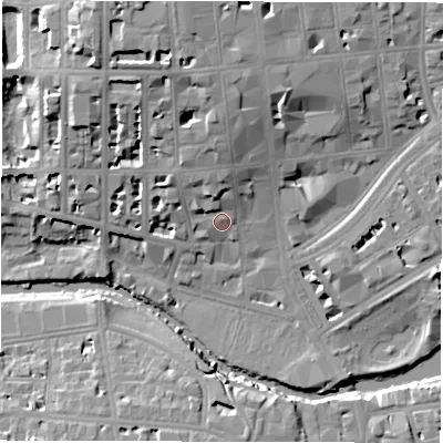 Shaded relief map of the ground around CV325DT, computed from Environment Agency LiDAR. The ground here sits at about 53 m above sea level and falls 19 m across the surrounding 800 m. Surface water reaching this point runs off ground lying to the north-north-west, 4.6 m higher.