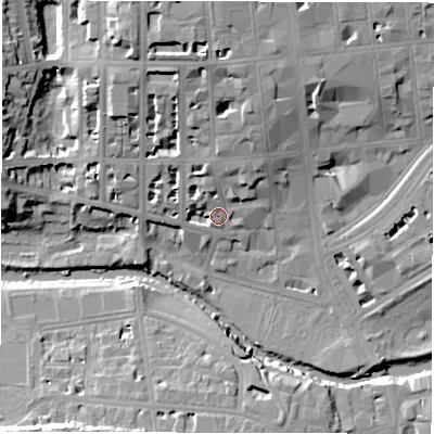Shaded relief map of the ground around CV325EL, computed from Environment Agency LiDAR. The ground here sits at about 53 m above sea level and falls 19 m across the surrounding 800 m. Surface water reaching this point runs off ground lying to the north, 12.7 m higher.