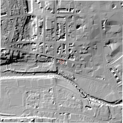 Shaded relief map of the ground around CV325ET, computed from Environment Agency LiDAR. The ground here sits at about 50 m above sea level and falls 19 m across the surrounding 800 m. Surface water reaching this point runs off ground lying to the north, 14.7 m higher.