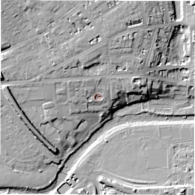Shaded relief map of the ground around CV325JL, computed from Environment Agency LiDAR. The ground here sits at about 56 m above sea level and falls 22 m across the surrounding 800 m. Surface water reaching this point runs off ground lying to the north, 10.6 m higher.