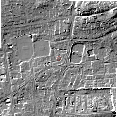 Shaded relief map of the ground around CV325UN, computed from Environment Agency LiDAR. The ground here sits at about 68 m above sea level and falls 22 m across the surrounding 800 m. Surface water reaching this point runs off ground lying to the north-east, 16.7 m higher.