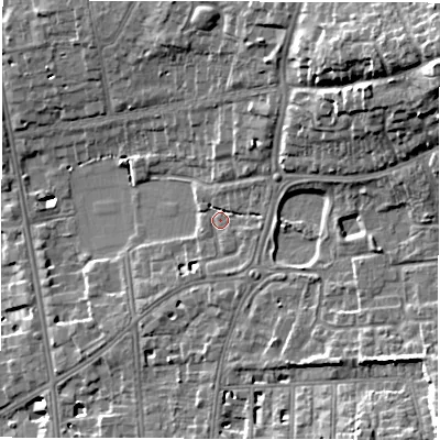 Shaded relief map of the ground around CV325UW, computed from Environment Agency LiDAR. The ground here sits at about 68 m above sea level and falls 22 m across the surrounding 800 m. Surface water reaching this point runs off ground lying to the east-north-east, 2.7 m higher.
