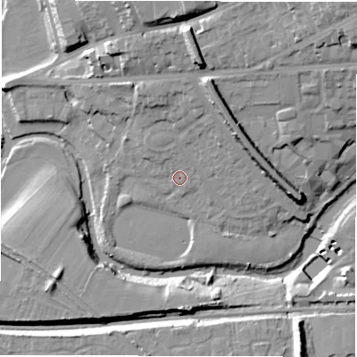 Shaded relief map of the ground around CV326AD, computed from Environment Agency LiDAR. The ground here sits at about 50 m above sea level and falls 20 m across the surrounding 800 m. Surface water reaching this point runs off ground lying to the north, 2.5 m higher.