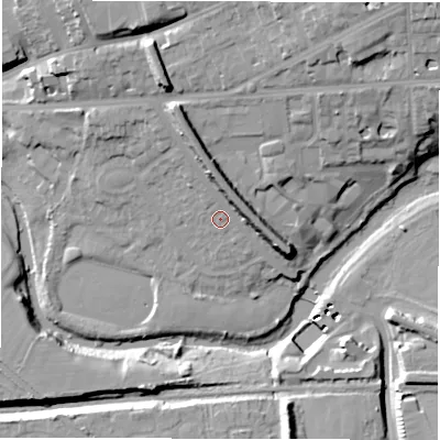 Shaded relief map of the ground around CV326AF, computed from Environment Agency LiDAR. The ground here sits at about 53 m above sea level and falls 21 m across the surrounding 800 m. Surface water reaching this point runs off ground lying to the north-east, 12.5 m higher.
