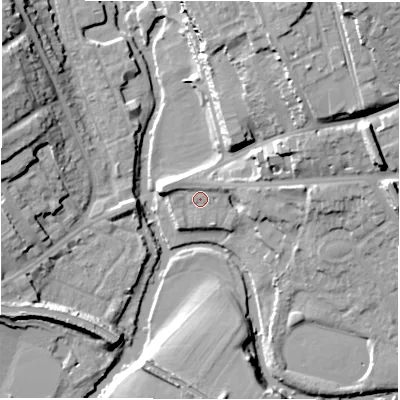 Shaded relief map of the ground around CV326AL, computed from Environment Agency LiDAR. The ground here sits at about 49 m above sea level and falls 22 m across the surrounding 800 m. Surface water reaching this point runs off ground lying to the west-north-west, 2.9 m higher.