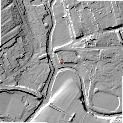Shaded relief map of the ground around CV326AN, computed from Environment Agency LiDAR. The ground here sits at about 49 m above sea level and falls 20 m across the surrounding 800 m. Surface water reaching this point runs off ground lying to the north-north-west, 5.1 m higher.
