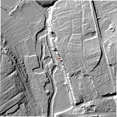 Shaded relief map of the ground around CV326AP, computed from Environment Agency LiDAR. The ground here sits at about 49 m above sea level and falls 22 m across the surrounding 800 m. Surface water reaching this point runs off ground lying to the north-east, 12.5 m higher.