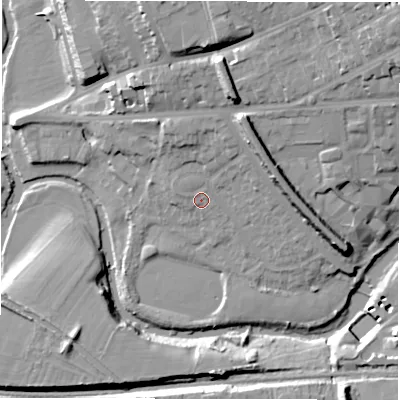 Shaded relief map of the ground around CV326AQ, computed from Environment Agency LiDAR. The ground here sits at about 52 m above sea level and falls 21 m across the surrounding 800 m. Surface water reaching this point runs off ground lying to the north-north-east, 4.8 m higher.