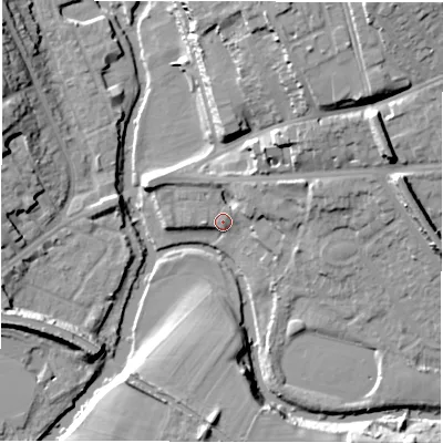 Shaded relief map of the ground around CV326AW, computed from Environment Agency LiDAR. The ground here sits at about 49 m above sea level and falls 21 m across the surrounding 800 m. Surface water reaching this point runs off ground lying to the east-north-east, 9.7 m higher.