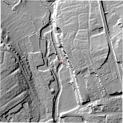 Shaded relief map of the ground around CV326AZ, computed from Environment Agency LiDAR. The ground here sits at about 47 m above sea level and falls 22 m across the surrounding 800 m. Surface water reaching this point runs off ground lying to the east-north-east, 17.0 m higher.