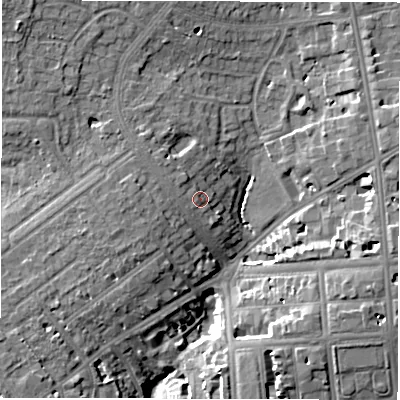 Shaded relief map of the ground around CV326HA, computed from Environment Agency LiDAR. The ground here sits at about 64 m above sea level and falls 12 m across the surrounding 800 m. Surface water reaching this point runs off ground lying to the west, 3.8 m higher.