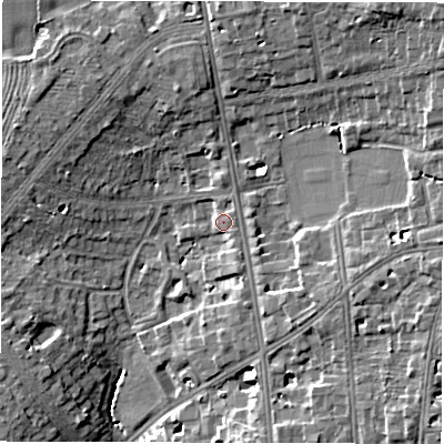 Shaded relief map of the ground around CV326JA, computed from Environment Agency LiDAR. The ground here sits at about 64 m above sea level and falls 14 m across the surrounding 800 m. Surface water reaching this point runs off ground lying to the north-east, 9.9 m higher.