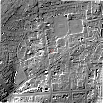 Shaded relief map of the ground around CV326JB, computed from Environment Agency LiDAR. The ground here sits at about 65 m above sea level and falls 14 m across the surrounding 800 m. Surface water reaching this point runs off ground lying to the east, 3.0 m higher.